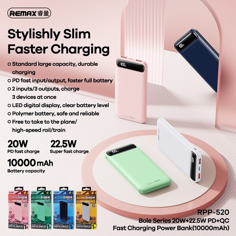 REMAX Power Bank 10000mAh RPP-520 Bole - 2xUSB + Type C - PD 20W QC 22,5W white cena un informācija | Lādētāji-akumulatori (Power bank) | 220.lv