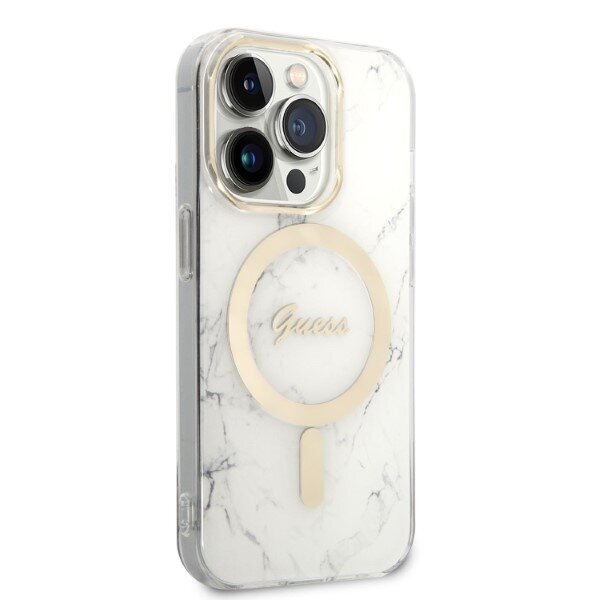 Komplekts Guess GUBPP14LHMEACSH Case+ Lādētājs iPhone 14 Pro 6,1" balts|balts cietais korpuss Marble MagSafe cena un informācija | Telefonu vāciņi, maciņi | 220.lv