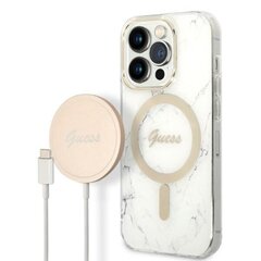 Komplekts Guess GUBPP14LHMEACSH Case+ Lādētājs iPhone 14 Pro 6,1" balts|balts cietais korpuss Marble MagSafe цена и информация | Чехлы для телефонов | 220.lv