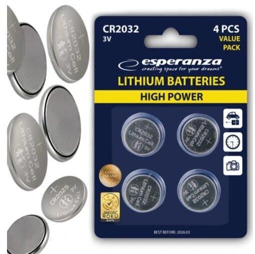Esperanza Litija baterijas CR2032, 4 gab. cena un informācija | Baterijas | 220.lv