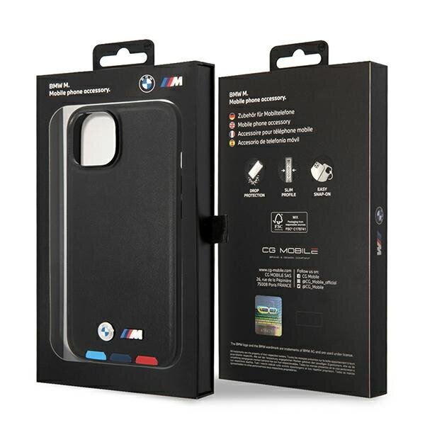 Korpuss BMW BMHCP14M22PTDK iPhone 14 Plus 6,7" czarny|black Leather Stamp Tricolor cena un informācija | Telefonu vāciņi, maciņi | 220.lv