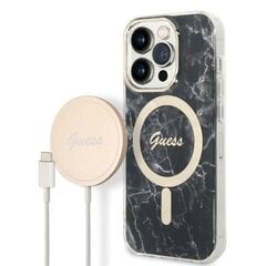 Komplekts Guess GUBPP14LHMEACSK Case+ Lādētājs iPhone 14 Pro 6,1" melns|melns cietais korpuss Marble MagSafe cena un informācija | Telefonu vāciņi, maciņi | 220.lv