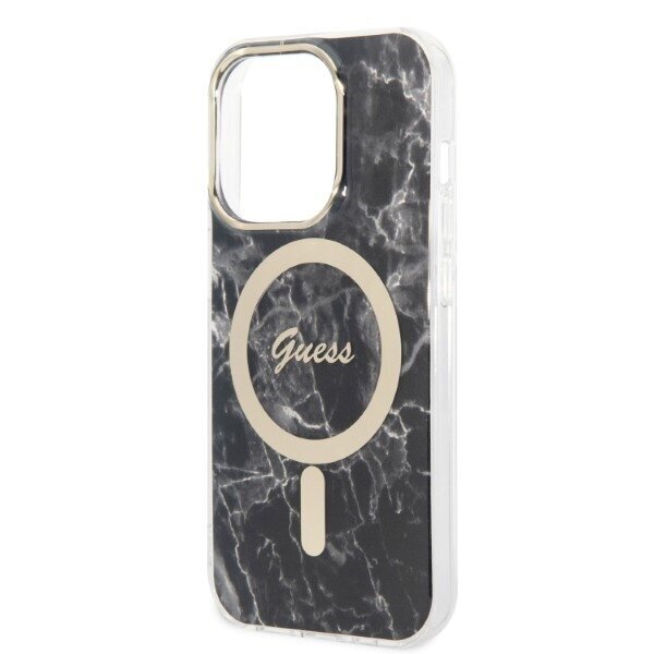 Komplekts Guess GUBPP14LHMEACSK Case+ Lādētājs iPhone 14 Pro 6,1" melns|melns cietais korpuss Marble MagSafe cena un informācija | Telefonu vāciņi, maciņi | 220.lv