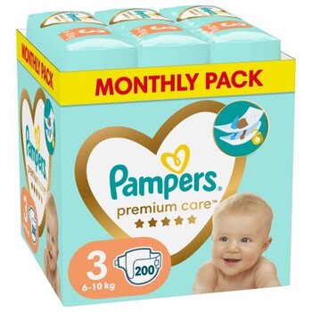 Подгузники PAMPERS Premium Care Monthly Pack, размер 3, 6-10 кг, 200 шт. цена и информация | Подгузники | 220.lv