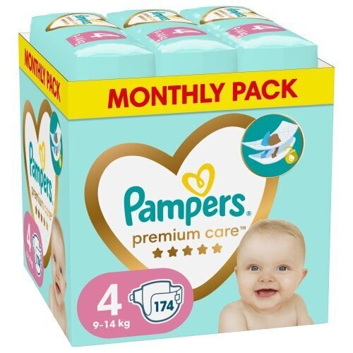 Autiņbiksītes PAMPERS Premium Care Monthly Pack, 4. izmērs, 9-14 kg, 174 gab. cena un informācija | Autiņbiksītes | 220.lv