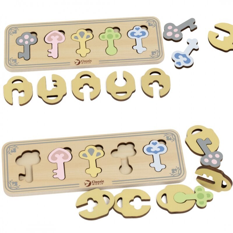 Klasiskās pasaules koka Montessori maņu puzles atslēgas un slēdzenes cena un informācija | Rotaļlietas zīdaiņiem | 220.lv