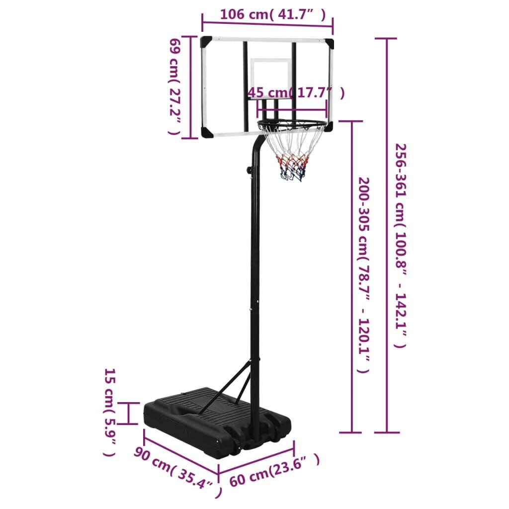 vidaXL basketbola vairogs, caurspīdīgs, 256-361 cm, polikarbonāts cena un informācija | Basketbola statīvi | 220.lv