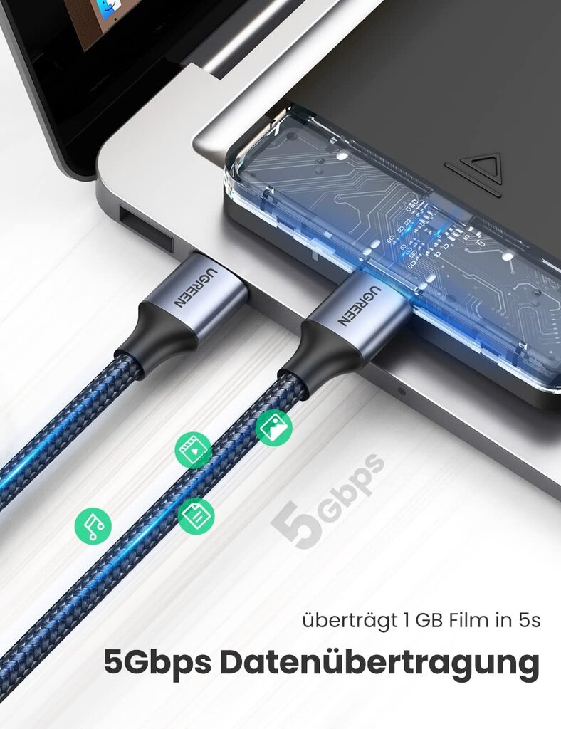 USB3.0 cable Male USB-A to Male USB-A UGREEN 2A, 0.5m (black) cena un informācija | Kabeļi un vadi | 220.lv