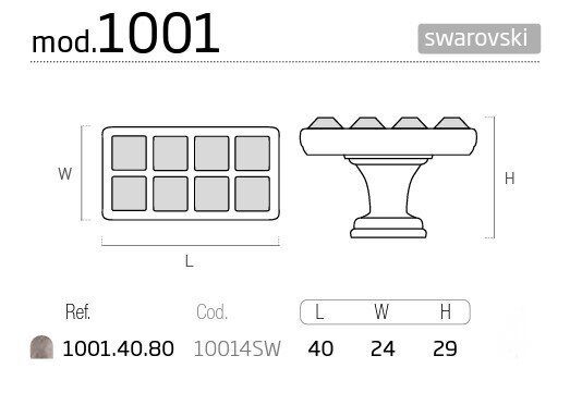 Rokturis 1001.40.20,24x40mm, Swarovski kristāla, sudrabots, matēts, 4 gab. cena un informācija | Mēbeļu rokturi  | 220.lv