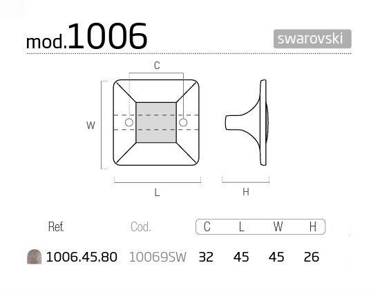 Rokturis 1006.45.80, 45x45mm, Swarovski kristāla, sudrabots, matēts, 4 gab. cena un informācija | Mēbeļu rokturi  | 220.lv