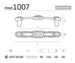 Ручка 1007.96.80, 96мм, кристалл Swarovski, посеребрение, матовая, 2 шт. цена и информация | Ручки для мебели | 220.lv