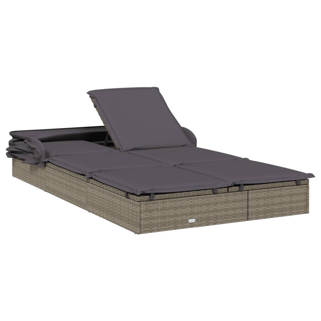 vidaXL sauļošanās gulta, saliekams jumts, pelēks PE pinums, divvietīga cena un informācija | Sauļošanās krēsli | 220.lv
