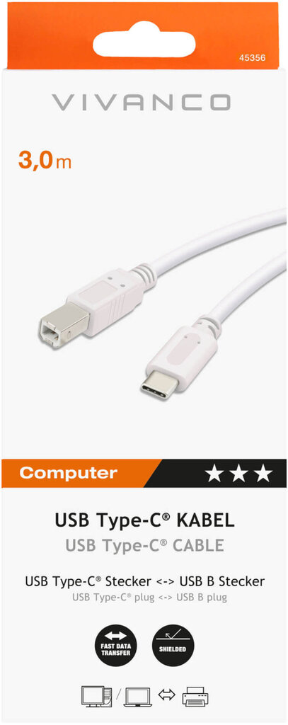 Vivanco kabelis USB-C - USB-B 3m, balts (45356) cena un informācija | Kabeļi un vadi | 220.lv