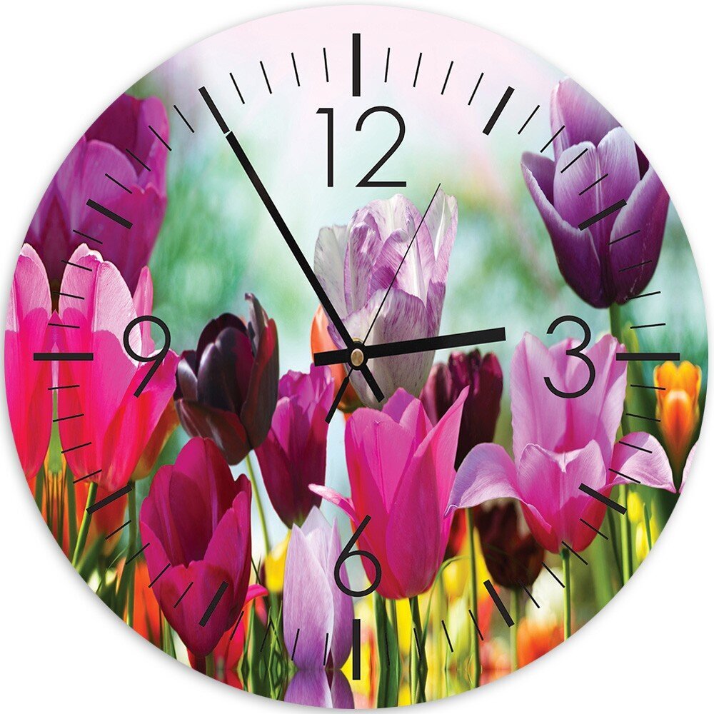 Sienas pulkstenis, Krāsainas tulpes, 40x40cm cena un informācija | Pulksteņi | 220.lv