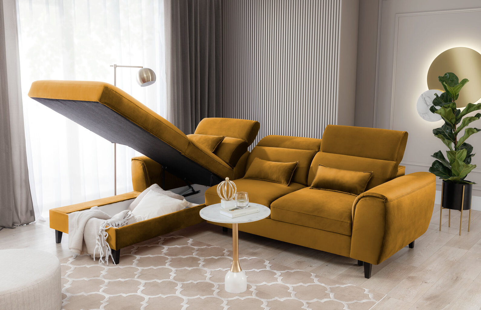 Stūra dīvāns NORE Foble Loco 45, kreisās puses, dzeltens cena un informācija | Stūra dīvāni | 220.lv