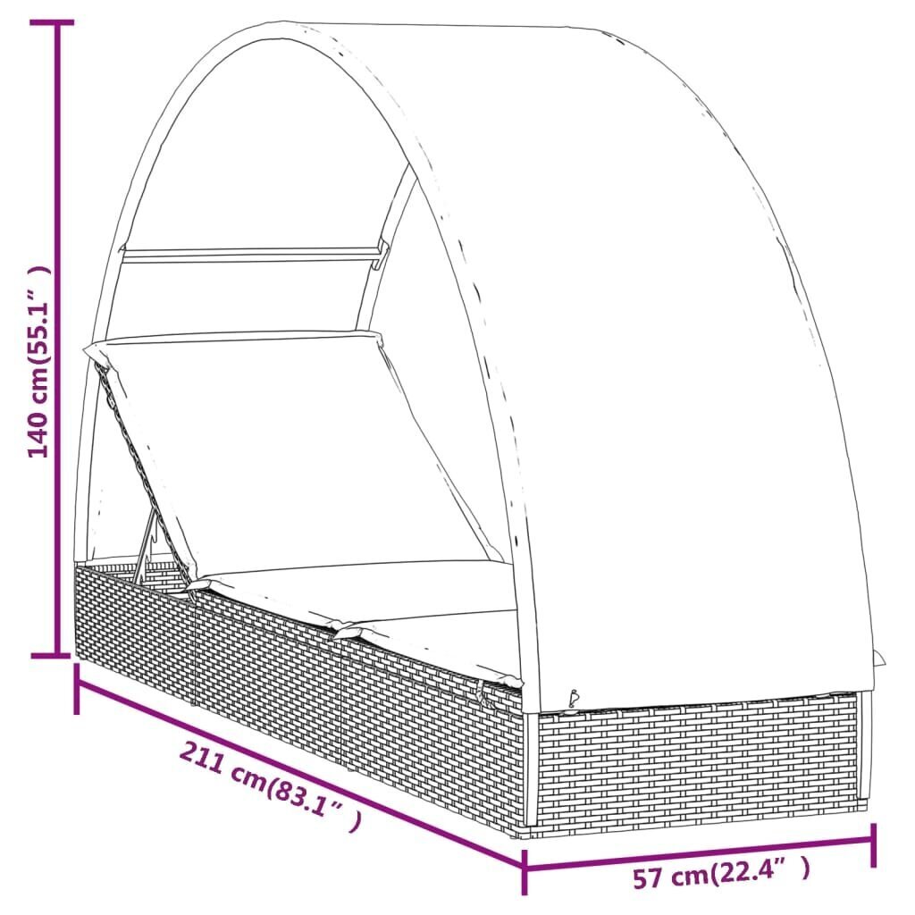 vidaXL sauļošanās gulta, apaļš jumts, 211x57x140 cm, melns PE pinums cena un informācija | Sauļošanās krēsli | 220.lv