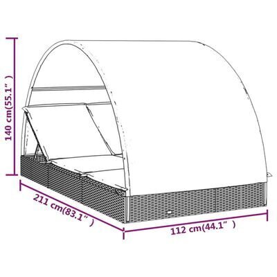vidaXL sauļošanās gulta ar jumtu, 211x112x140 cm, PE rotangpalma cena un informācija | Sauļošanās krēsli | 220.lv