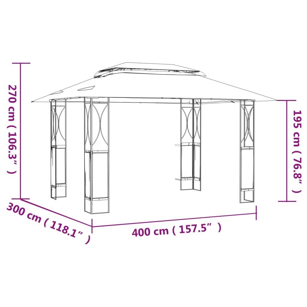 vidaXL nojume ar jumtu, 400x300x270 cm, antracītpelēka, tērauds cena un informācija | Dārza nojumes un lapenes | 220.lv