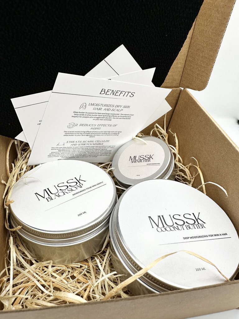 Komplekts Mussk: Black Soap (200 ml) + Shea Butter (50 ml) + Coconut butter (200 ml) + Kessa glove cena un informācija | Ķermeņa krēmi, losjoni | 220.lv