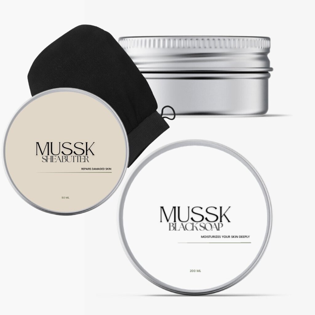 Komplekts Mussk: Black Soap (200 ml) + Shea Butter (50 ml) + Kessa glove cena un informācija | Ķermeņa krēmi, losjoni | 220.lv