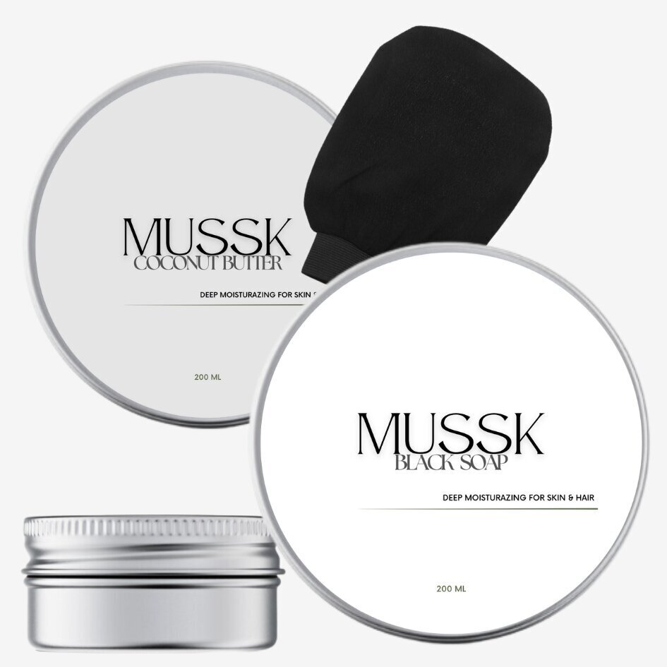 Komplekts Mussk: Black Soap (200 ml) + Coconut Butter (200 ml) + Kessa Glove цена и информация | Ķermeņa krēmi, losjoni | 220.lv