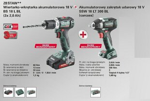 METABO COMBO SET 18V ОТВЕРТКА BS 18 L BL + КЛЮЧ SSW 18 LT 300 BL 2x2.0 1x4.0Ah цена и информация | Шуруповерты, дрели | 220.lv