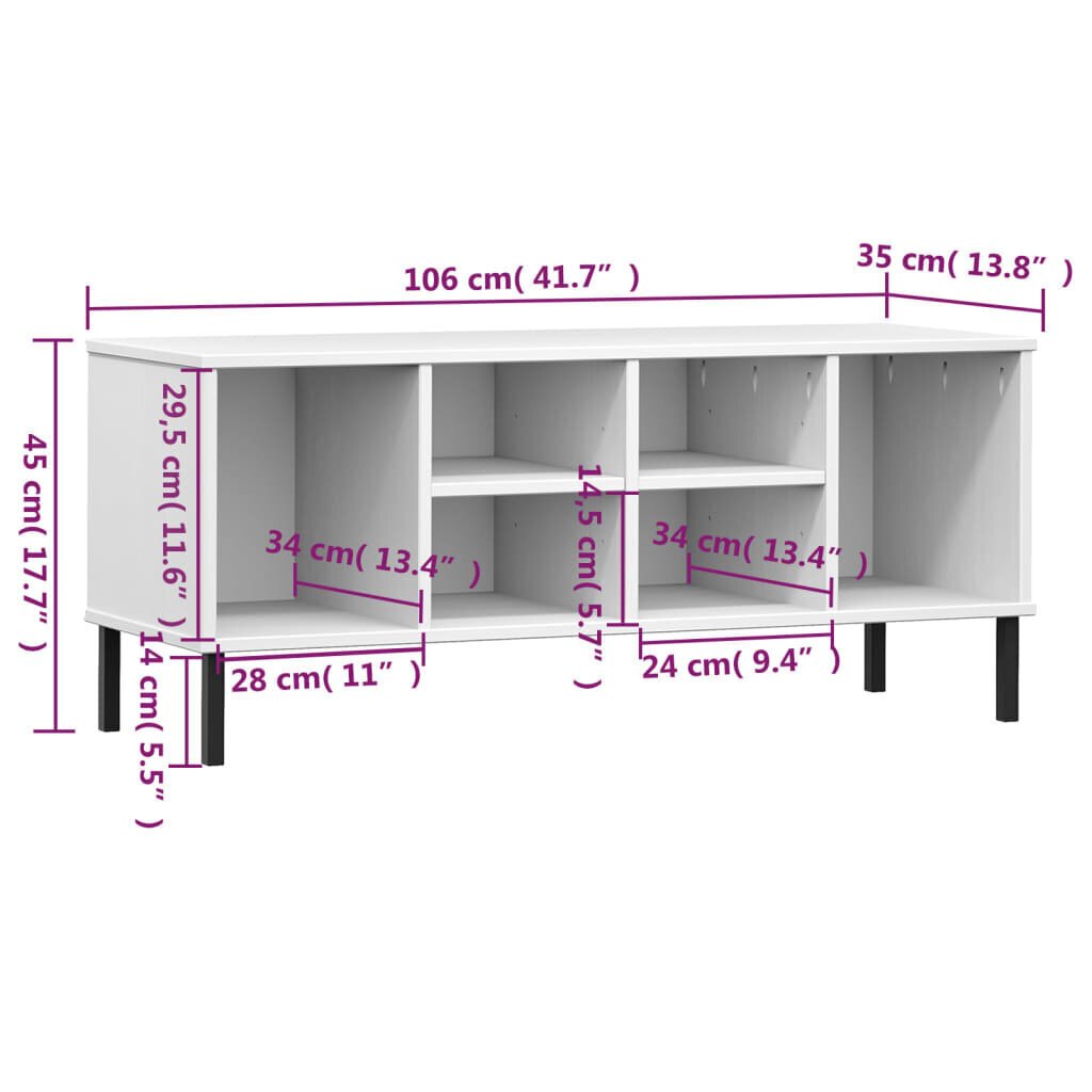 vidaXL apavu plaukts ar metāla kājām OSLO, balts, 106x35x45 cm, koks cena un informācija | Apavu skapji, apavu plaukti, priekšnama soliņi | 220.lv