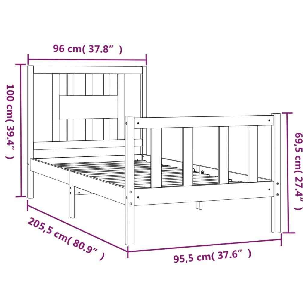 vidaXL gultas rāmis ar galvgali, melns, priedes masīvkoks, 90x200 cm cena un informācija | Gultas | 220.lv