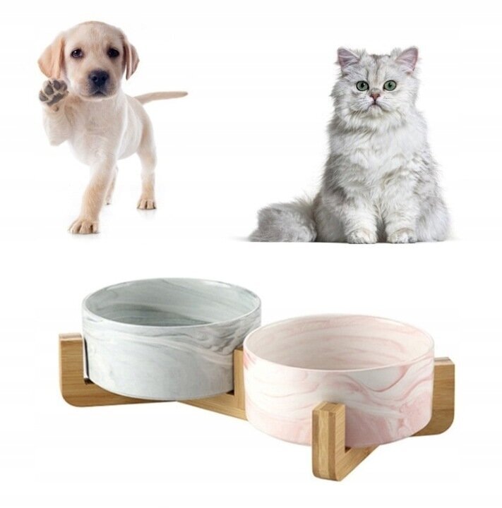 Divkārša keramikas bļoda suņiem/kaķiem uz statīva cena un informācija | Bļodas, kastes pārtikas | 220.lv