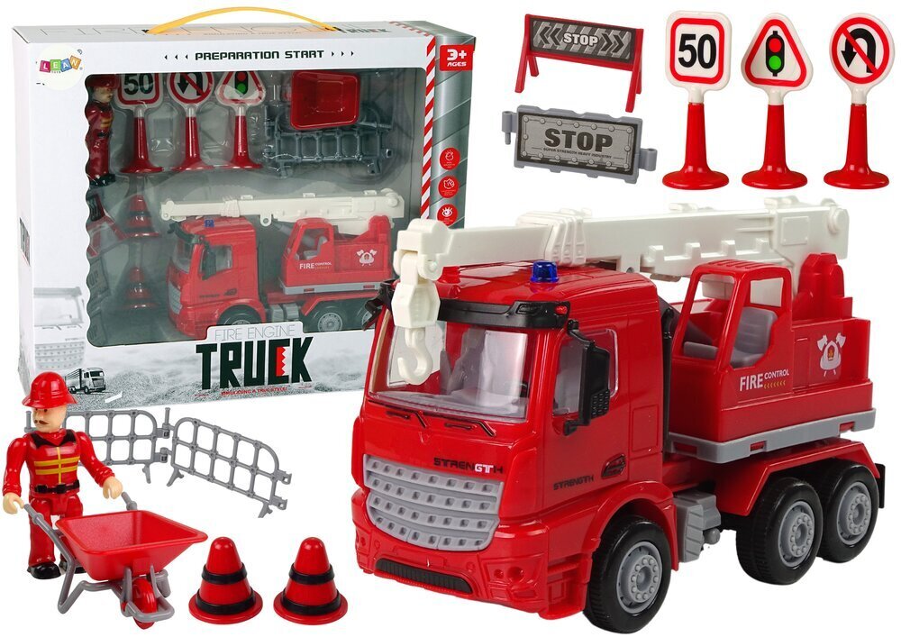Rotaļlietu ugunsdzēsēju automašīna ar ugunsdzēsēju un ceļa zīmēm cena un informācija | Attīstošās rotaļlietas | 220.lv