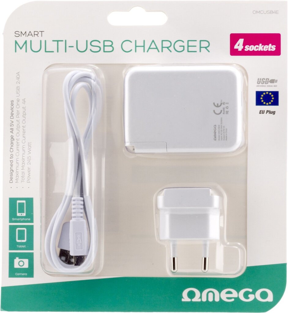 Omega USB lādētājs 4xUSB EU + kabelis, balts cena un informācija | Lādētāji un adapteri | 220.lv