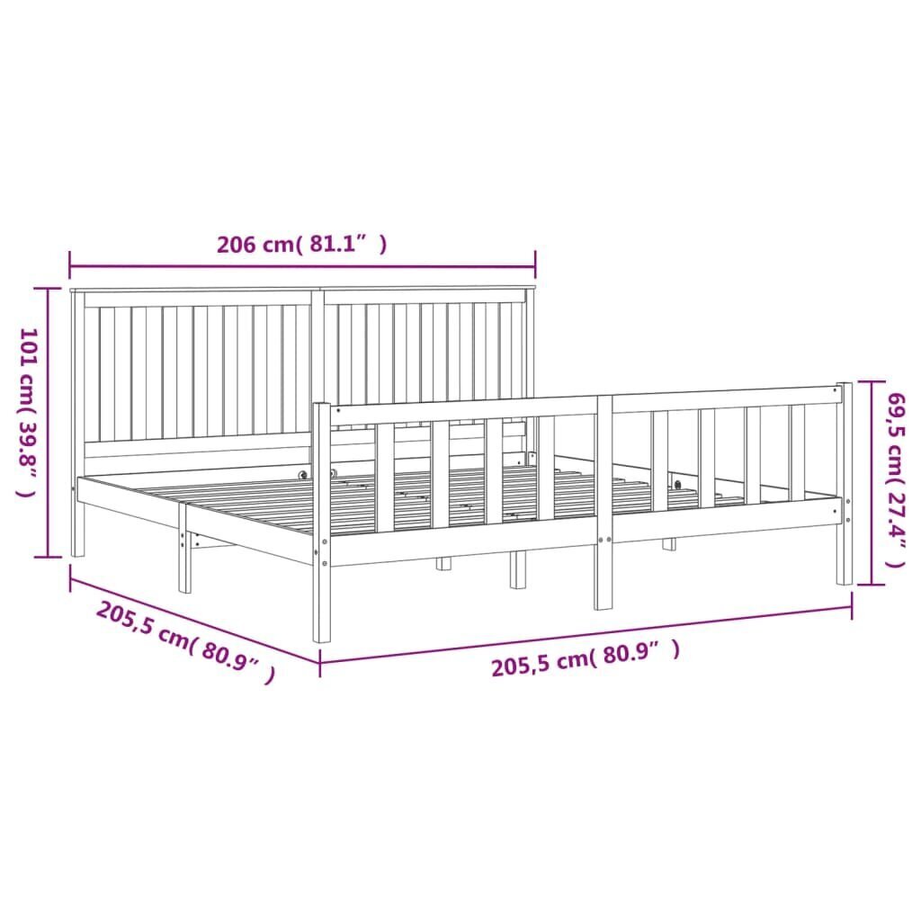 vidaXL gultas rāmis ar galvgali, pelēks, 200x200 cm, priedes masīvkoks cena un informācija | Gultas | 220.lv