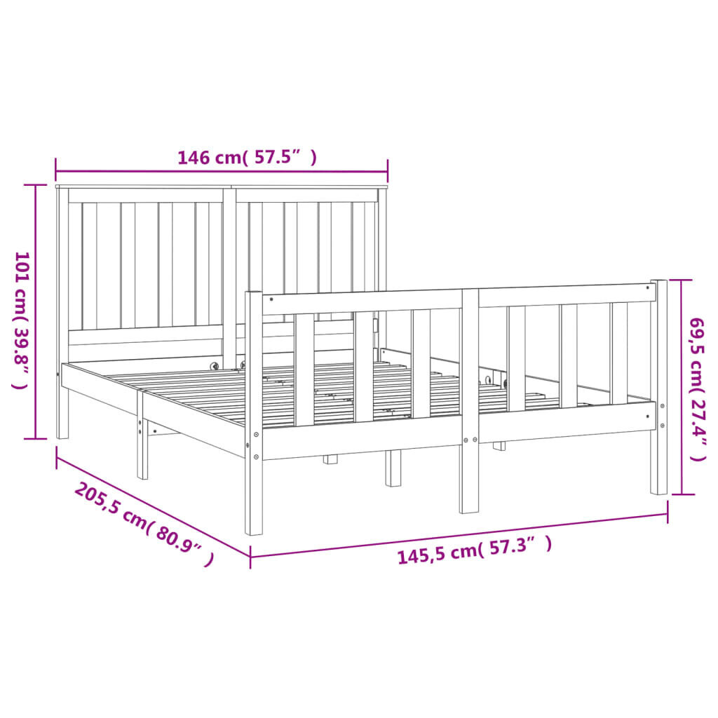 vidaXL gultas rāmis ar galvgali, 140x200 cm, priedes masīvkoks cena un informācija | Gultas | 220.lv