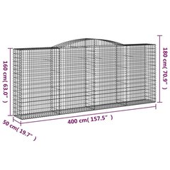 vidaXL arkveida gabiona grozi, 2 gab., 400x50x160/180 cm, dzelzs cena un informācija | Žogi un piederumi | 220.lv