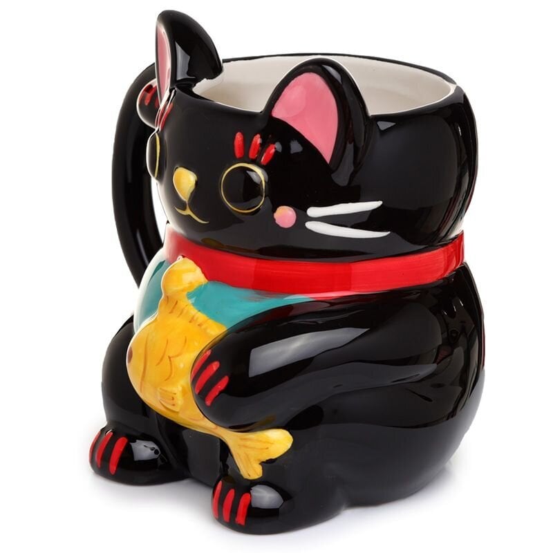 Maneki Neko krūze Cat Happiness melna cena un informācija | Oriģinālas krūzes | 220.lv