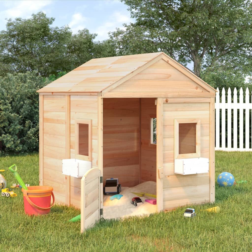 vidaXL rotaļu māja ar slēdzamām durvīm un puķu podiem, egles masīvkoks cena un informācija | Bērnu rotaļu laukumi, mājiņas | 220.lv
