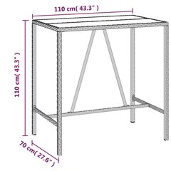 vidaXL bāra galds, stikla virsma, 110x70x110 cm, PE rotangpalma, brūns цена и информация | Столы для сада | 220.lv