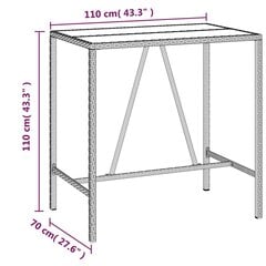 vidaXL bāra galds, stikla virsma, 110x70x110 cm, PE rotangpalma, brūns cena un informācija | Dārza galdi | 220.lv