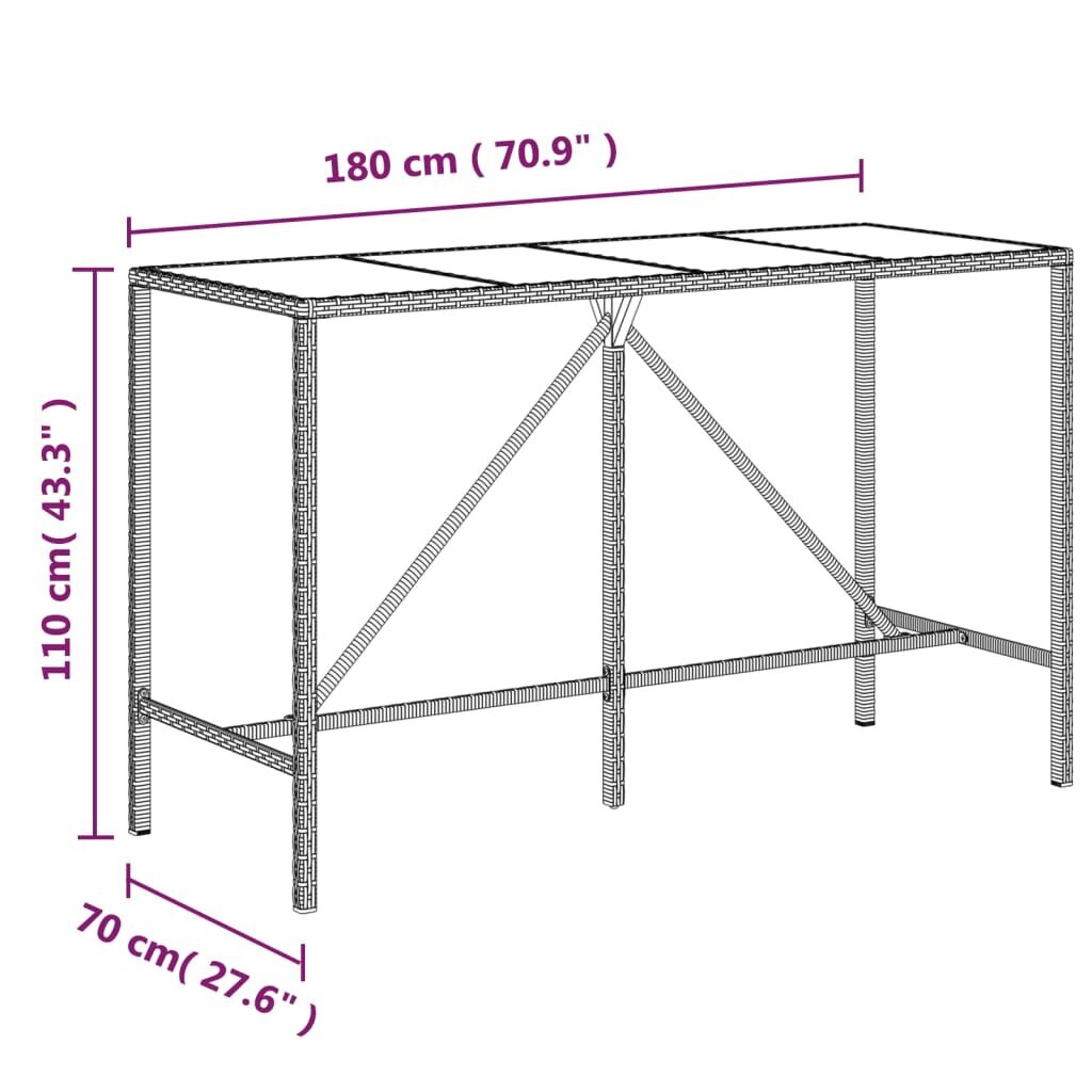 vidaXL bāra galds, stikla virsma, 180x70x110 cm, PE rotangpalma, brūns cena un informācija | Dārza galdi | 220.lv