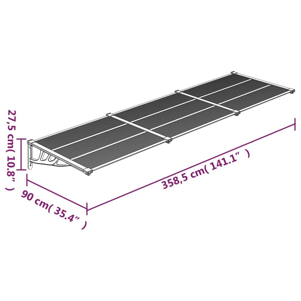 vidaXL durvju jumtiņš, melns, caurspīdīgs, 358,5x90 cm, polikarbonāts cena un informācija | Saulessargi, markīzes un statīvi | 220.lv
