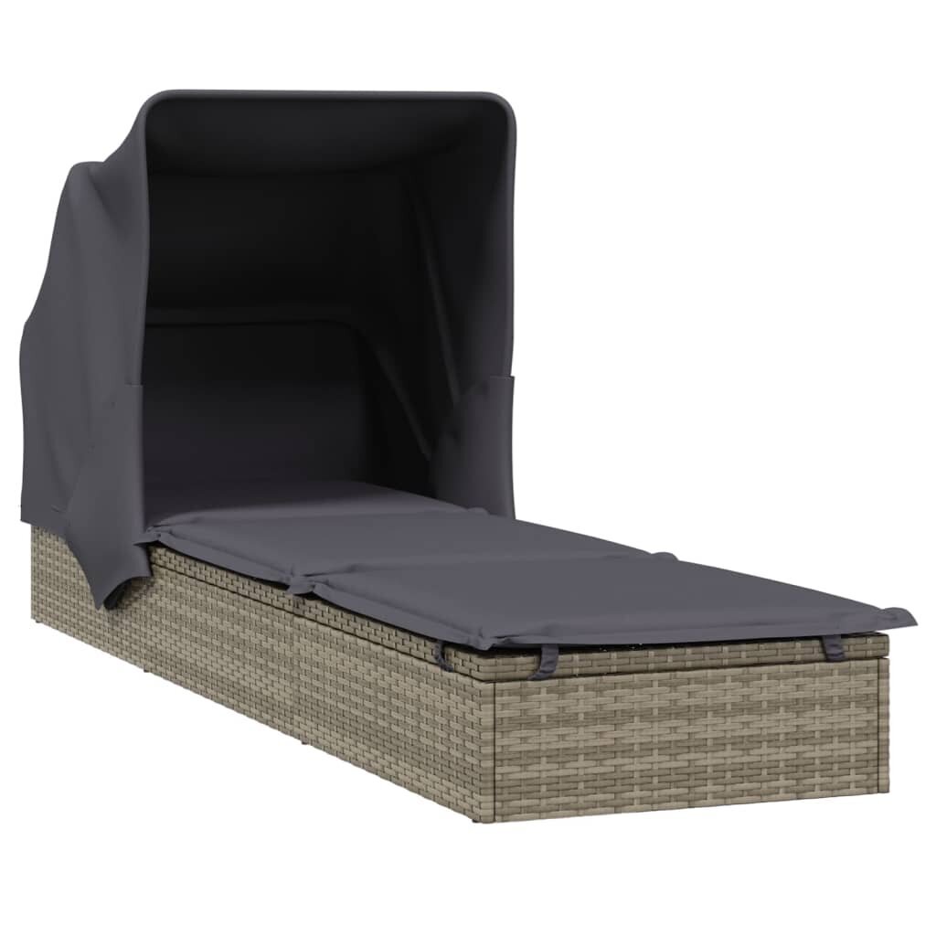 vidaXL sauļošanās gulta ar jumtu, 213x63x97 cm, pelēka PE rotangpalma cena un informācija | Sauļošanās krēsli | 220.lv