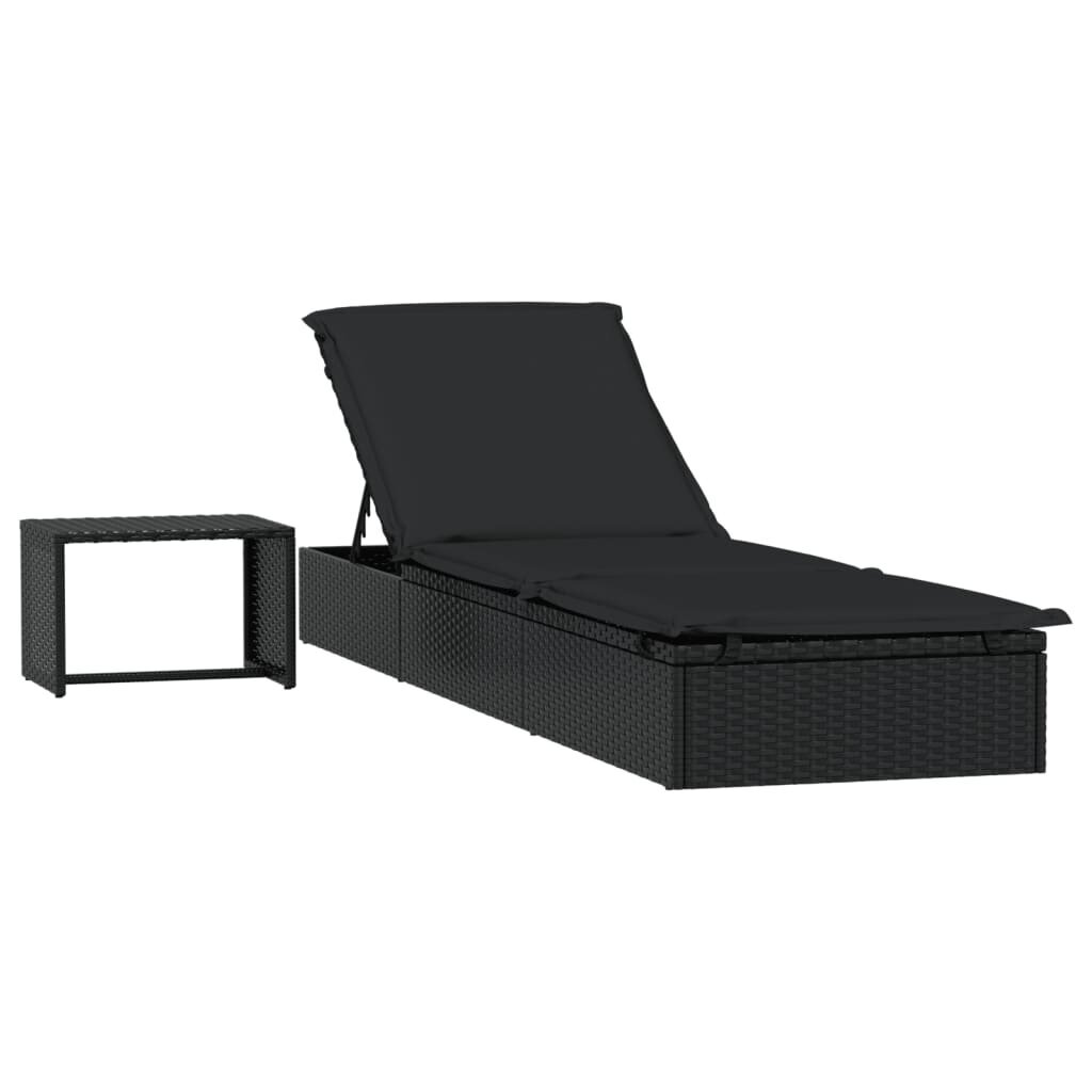 vidaXL sauļošanās gulta ar galdu, PE rotangpalma, melna cena un informācija | Sauļošanās krēsli | 220.lv