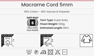 Пряжа для вязания YarnArt Macrame Cord 5 ММ ​​500г, цвет 803 цена и информация | Принадлежности для вязания | 220.lv