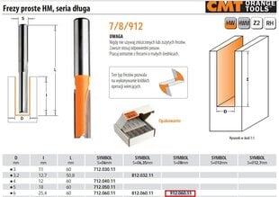 CMT TAISNĀ FRĒZE GARA D= 6 I=25,4 L=60 S=8 cena un informācija | Frēzes | 220.lv