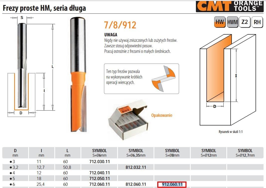 CMT TAISNĀ FRĒZE GARA D= 6 I=25,4 L=60 S=8 цена и информация | Frēzes | 220.lv