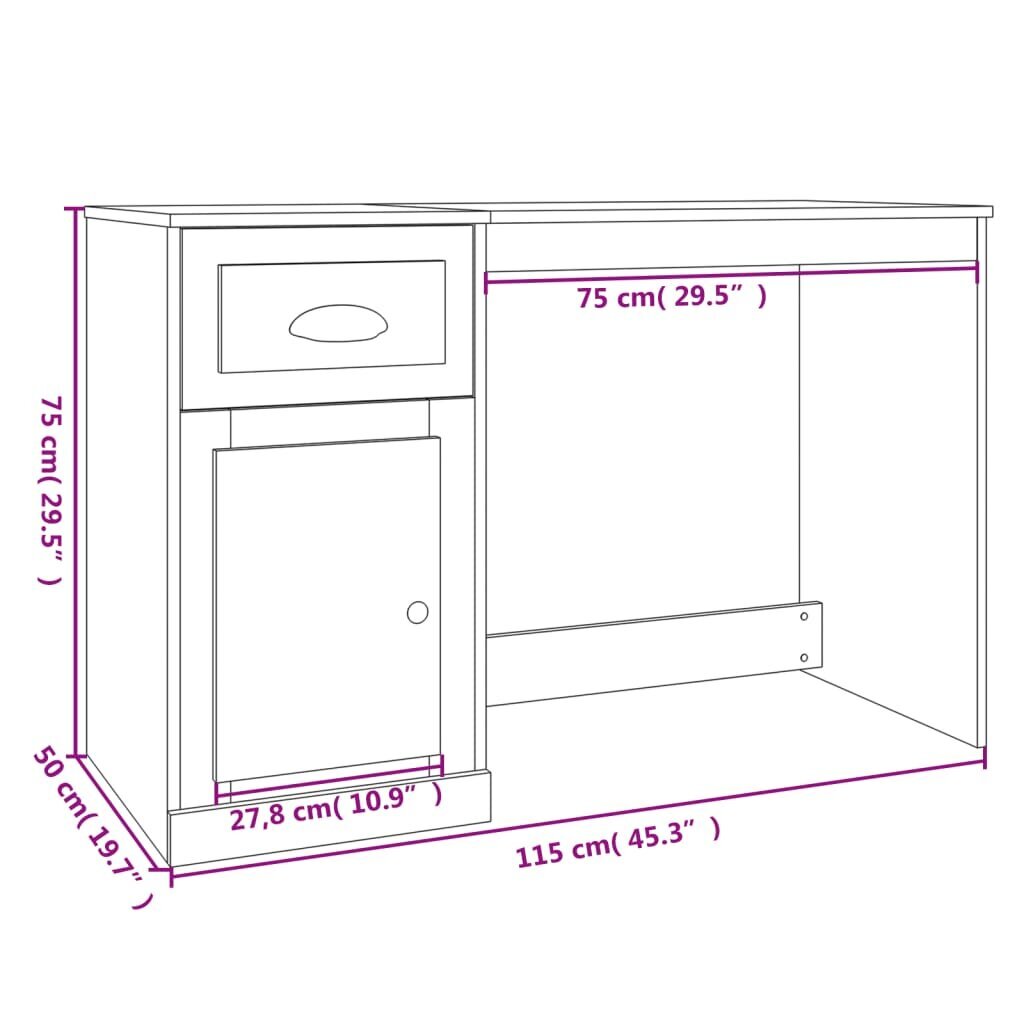 vidaXL rakstāmgalds ar atvilktni, spīdīgi balts, 115x50x76 cm cena un informācija | Datorgaldi, rakstāmgaldi, biroja galdi | 220.lv