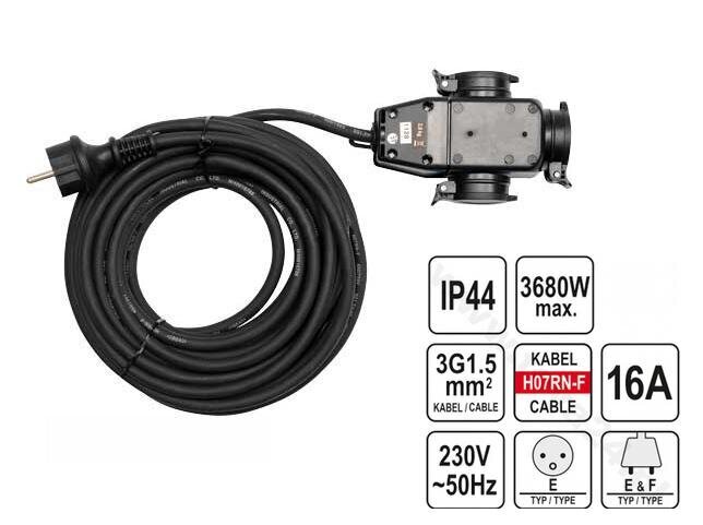 YATO PAGARINĀTĀJS AR SPALITĀJU 20m 3x1,5mm2 IP44 16A H07RN-F 81162 cena un informācija | Pagarinātāji | 220.lv