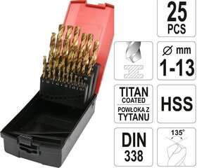 YATO HSS-TiN METĀLA URBJU KOMPLEKTS 25 gab. 1-13 mm cena un informācija | Rokas instrumenti | 220.lv