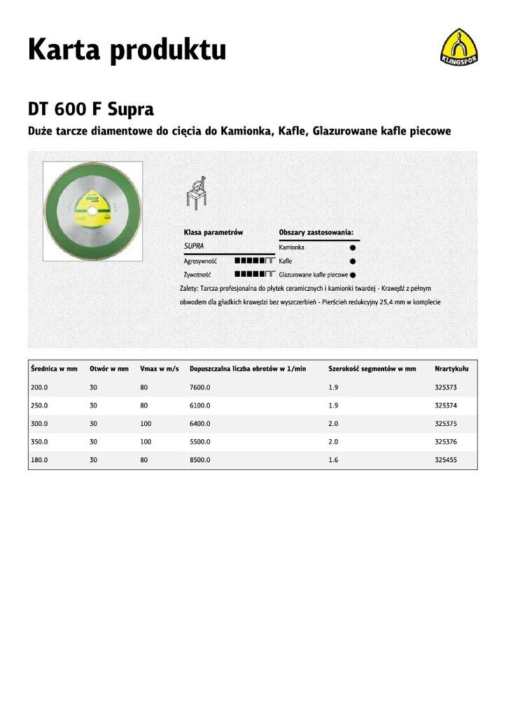 KLINGSPOR PILNA DIMANTA ASPIENS 300 mm x 2,0 mm x 30/25,4 mm DT600F KERAMIKAI cena un informācija | Rokas instrumenti | 220.lv