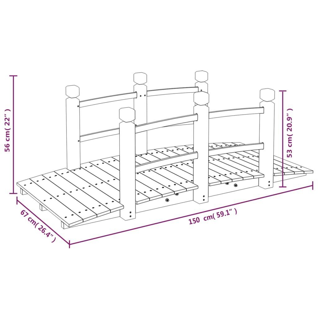 vidaXL dārza tiltiņš ar margām, 150x67x56 cm, egles masīvkoks cena un informācija | Dārza dekori | 220.lv